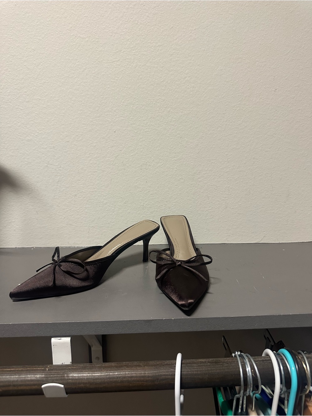 Black Satin Pointed-Toe Bow Mules - Women